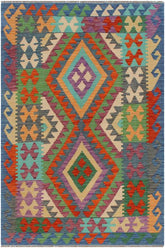 Flat Weave Kilim Antique Navaho Vintage handmade Geometric Kilim Rust Blue Hand-Woven Rectangle 100% Wool Area Rug 3x5